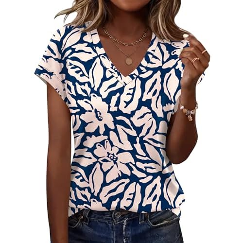 Rapbin Womens Summer Tops Women Blouses Dressy Casual V Neck T Shirts Short Sleeve Spring Tops for Women Navy Blue Apricot Floral Small