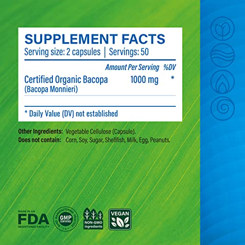 Bacopa Capsules - Organic Brahmi Herbal Supplement For Natural Stress Relief, Antioxidant Support, Memory & Brain Health, Cognitive Function - Non-Gmo Formula - 1000Mg, 100 Veggie Caps #TOP1