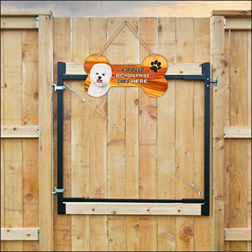 Image of CVANU Laser Cut MDF Wooden Pet Dog Sign Plaque Bone Design A Spoiled Bichon Frise Lives Here Animal Love Sign Board, Name Plate for Dog House White, Size(10x5) inch