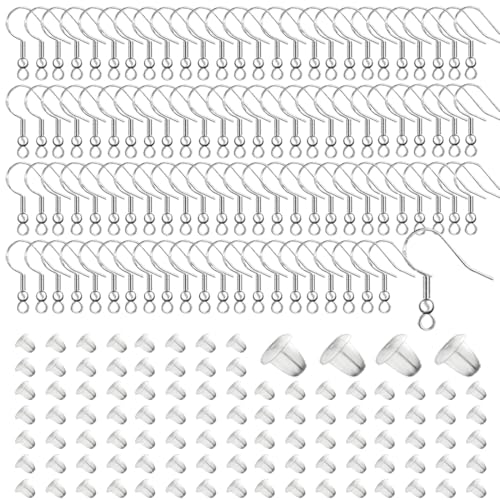 ZKGYUS 100pcs attache boucles d'oreilles, crochet boucles d'oreilles acier inoxydable, Crochets en Argent terne, Avec 100 bouchons d'oreille, pour la Fabrication de Bijouxcrochet boucle d'oreille