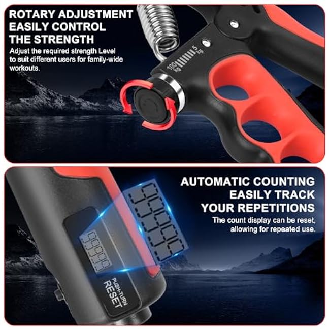 Keria Adjustable Hand Grip Strengthener(11-220Lbs), Grip Strength Trainer with Auto-Click Digital Counter, Ergonomic Forearm Trainer for Athletes, Musicians, Physical Therapy