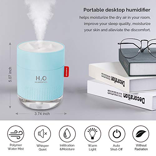 Portable Mini Humidifier, 500ml Small Cool Mist Humidifier, USB Personal Desktop Humidifier for Baby Bedroom Travel Office Home, Auto Shut-Off, 2 Mist Modes, Super Quiet, Blue