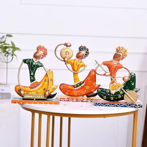 Image of Handcrafted Metal Nagpuri Musician Showpiece Set | Traditional Tribal Musician Figurines for Home Decor, Living Room, Office Table, Shelf & Gift | Multicolor | Set of 3**