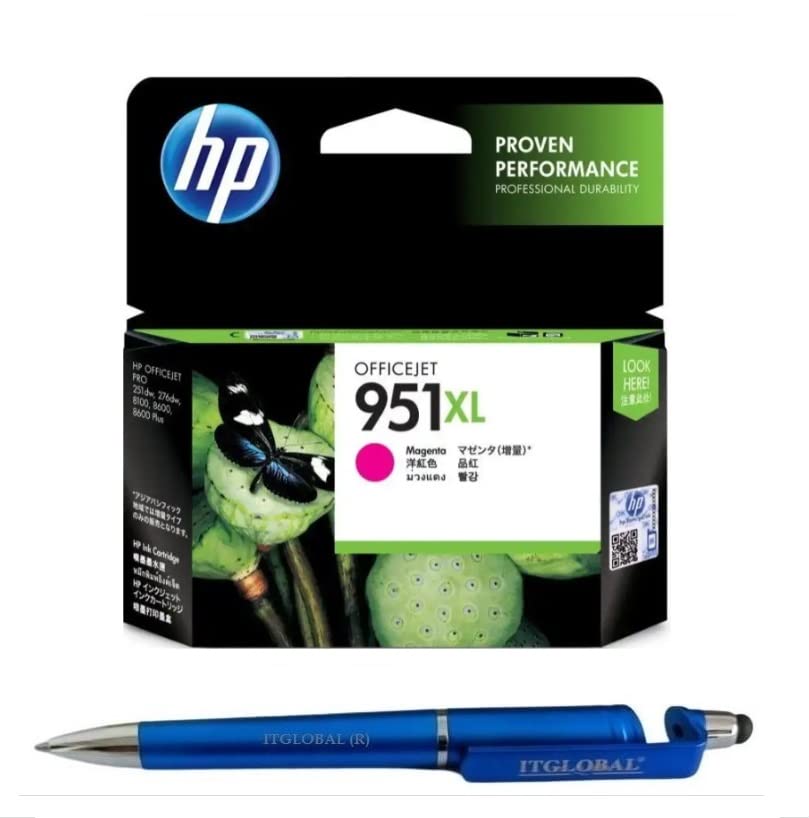 HP 951XL Magenta Ink Cartridge CN047M Bundle with ITGlobal ® 3 in 1 Multi-Function Creative Mobile Phone Stand, Stylus Pen, Ballpoint Pen (Very Colors)