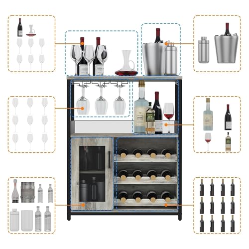 Amyove Wine Bar Rack Cabinet with Detachable Wine Rack, Bar Rack with Glass Holder, Small Sideboard and Buffet Cabinet with Mesh Door, Grey