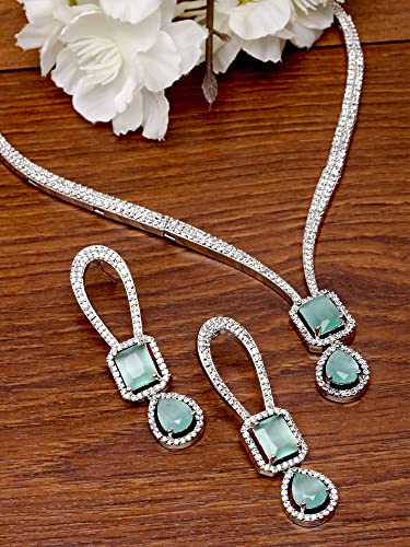 Image of Karatcart Elegant Silver Plated Blue American Diamond Necklace Set for Women