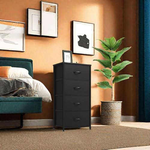 DWVO Storage Tower with 4 Drawers - Black Fabric Dresser, Organizer Unit for Room, Living Room, Closets - Sturdy Steel Frame, Easy Pull Fabric Bins & Wooden Top