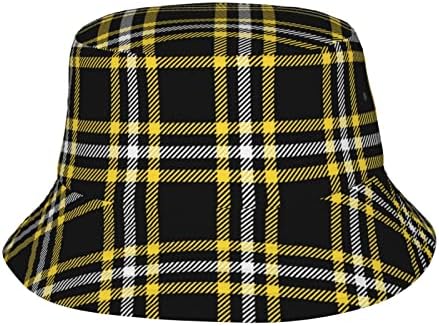 Black Yellow Plaid Tartan Bucket Hat for Men Women Unisex,Vintage Print Fisherman Cap Packable Casual Fashion Lightweight Summer Travel Beach Sun Hats for Outdoor Headwear