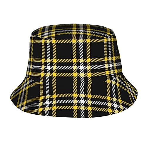 Black Yellow Plaid Tartan Bucket Hat For Men Women Unisex,Vintage Print Fisherman Cap Packable Casual Fashion Lightweight Summer Travel Beach Sun Hats For Outdoor Headwear #TOP2