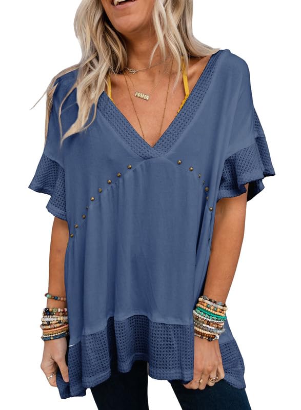 Dokotoo Womens Casual Summer Tops Dressy Batwing Half Sleeve Loose Fit Tunic Tops Waffle Knit Blouses Solid Lightweight V Neck Blue Fall Shirts Blouses X-Large