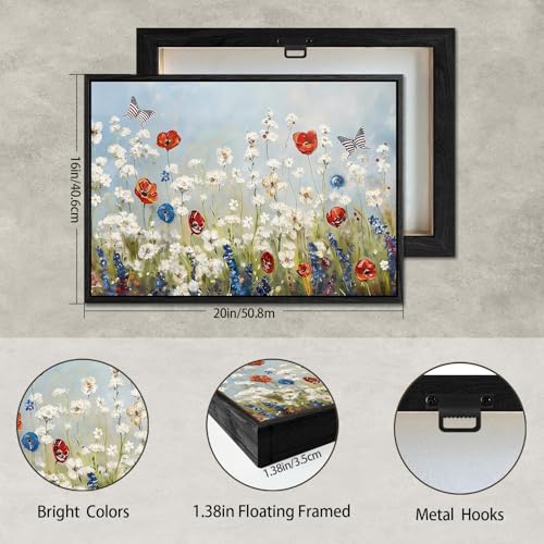Image of Wildflower Field Framed Canvas Wall Art, 4th of July Red White Blue and Butterfly Canvas Prints, Rustic Landscape Patriotic Decorations, Independence Day Wall Decor for Bedroom Living Room 16x20