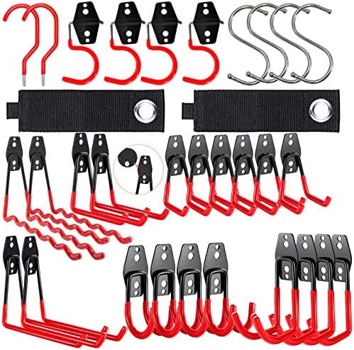 laofeei Garage Hooks Heavy Duty 32 Pack,Garage Wall Hooks,Garage Hooks with Extra Enchancing Welding Spot for Bike Hooks for Garage Wall Mount for Chair,Shovel,Ladder,Bicycle,Garden Tools(red)