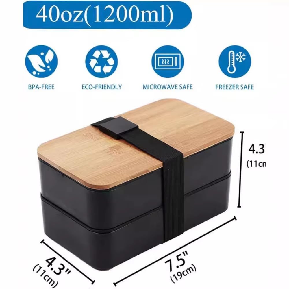 1200ML Podzielony Lunch Box Piknikowy Mikrofalowy Drewniana Pokrywa Bento Box Przenośny Dwuwarstwowy Pojemnik Na Żywność Dla Dzieci