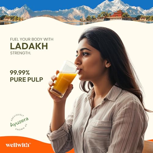 Image of Wellwith by Ayuzera Himalayan Sea Buckthorn Pulp 300ml | Cold-Pressed | Natural Vitamin C,Omega 3 6 7 9, Antioxidants | Immunity, Skin Glow & Gut Health | Juice Seabuckthorn (50 Glasses) (Pulp and Natural Soap)
