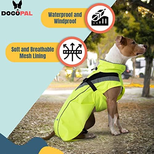 DOGOPAL Odblaskowy płaszcz przeciwdeszczowy dla psów, wodoodporna kurtka przeciwdeszczowa dla psów, lekkie poncho przeciwdeszczowe z otworem na szelki dla małych, średnich i dużych psów (żółty, XXL)