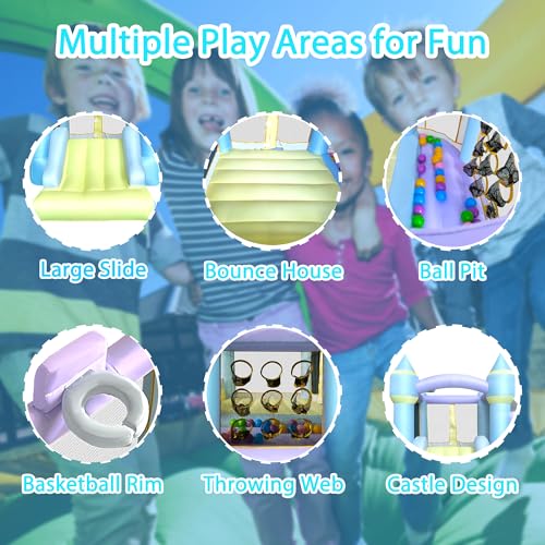 RETRO JUMP Bounce House,Inflatable Bounce House,Bouncy House with Blower,Bouncy Castle with Slide,Kids Bounce House with Jump Area,Ball Pit&Basketball Rim, Includes Balls,Storage Bag,Patch Kits,Stakes