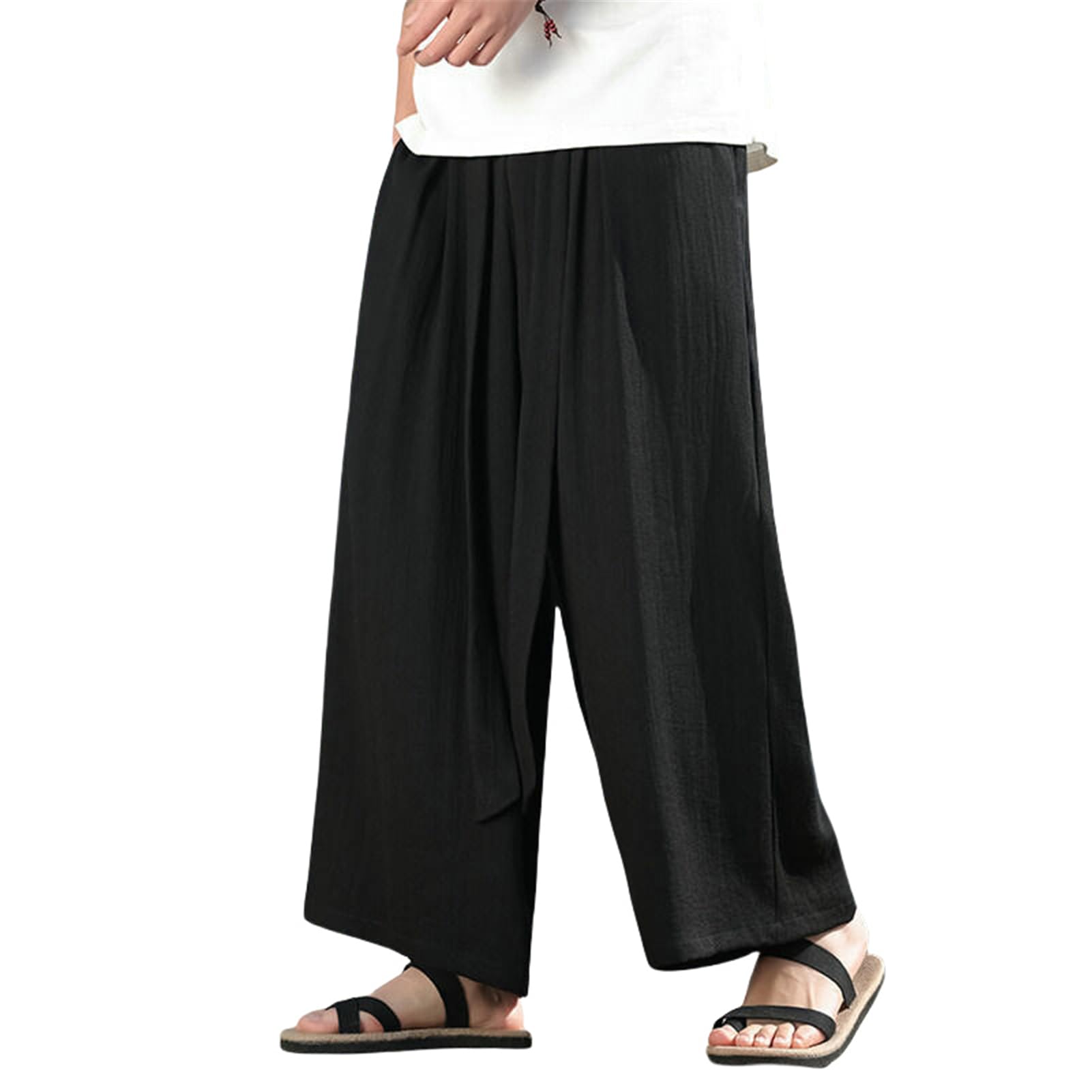 Pantalon style chinois homme coton lin ample droit décontracté