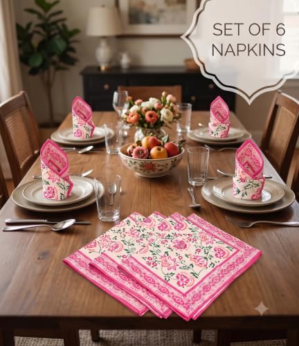 Image of BLOCKS OF INDIA Hand Block Print Cotton Table Napkin Set of 6 (Pink JAAL)