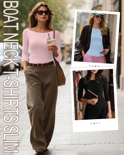 3 Pack Women's 3/4 Sleeve Boat Neck Tops Lettuce Trim Jacquard Shirts Slim Fit Casual Layering Basic Tees4