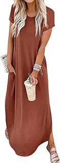 Women Summer Long Sundress Crewneck Short Sleeve Maxi Dress 2025 Casual Loose Beach Dress with Pockets - Buy now