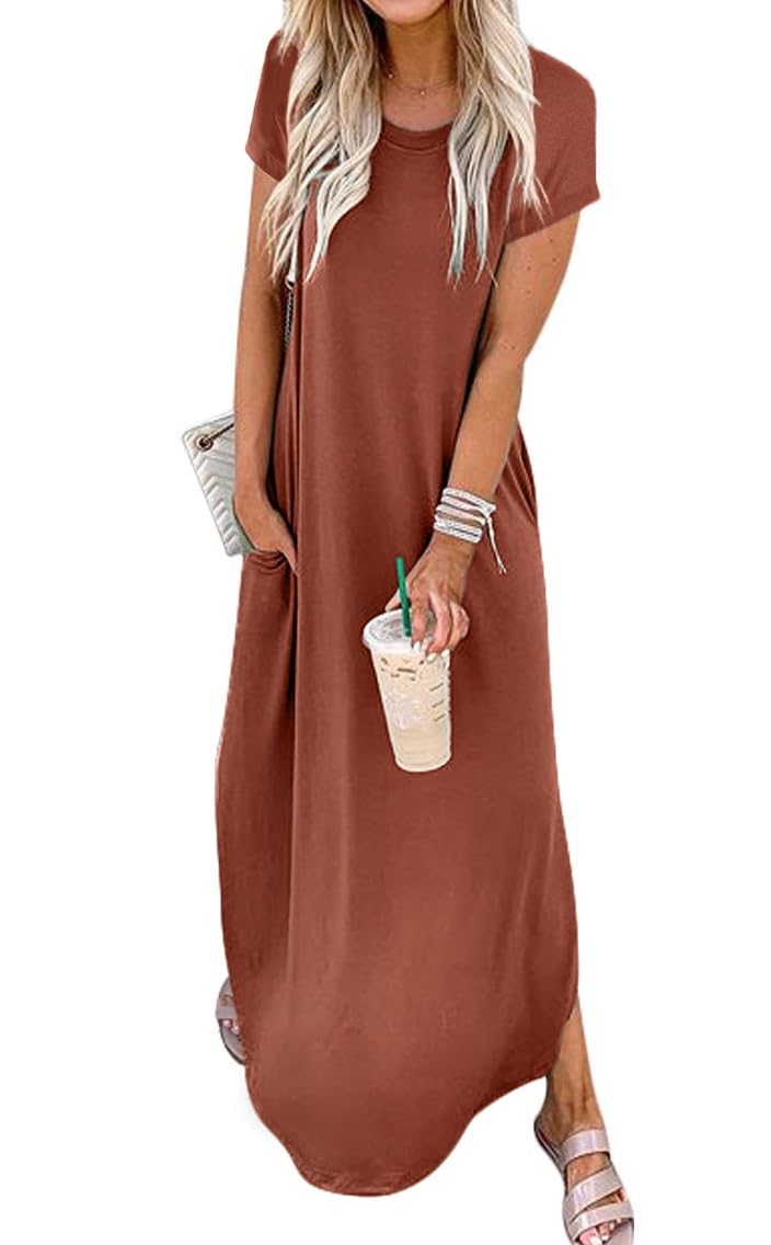 Jeqeocafy Women Summer Long Sundress Crewneck Short Sleeve Maxi Dress 2026 Casual Loose Beach Dress with Pockets