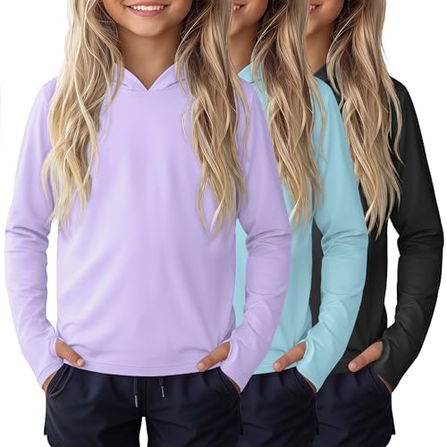 Image of 3 Pack Girls Sun Protection Swim Shirts UPF 50+ Long Sleeve Rash Guard Lightweight Quick Dry Hoodies with Thumbhole