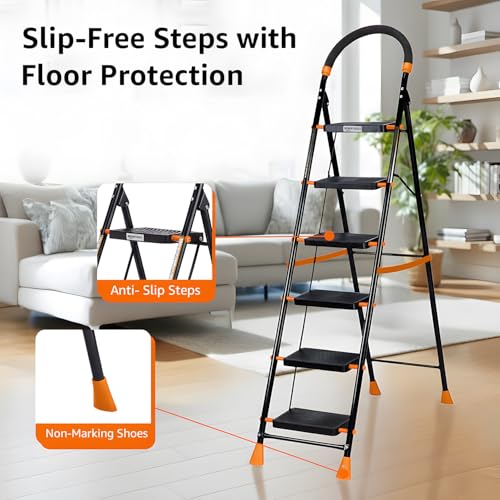 Image of Amazon Basics Curvo-Foldable Step Ladder, Ribbed Steps, Knee Guard, Non-Marring PVC Shoes, 6 Steps (Black & Orange)