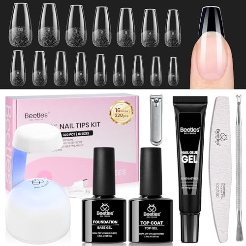 Beetles Gel Nail Kit Flat-X, Coffin Medium, 320pcs 16 Sizes Nail tips, with 15g Nail Glue Gel Hands-Free, 7.5ml Base Gel & Top Coat, Mini Lamp, for Acrylic Press On Nail, Extension DIY Set at Home