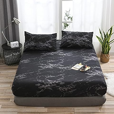 Zoey's Store Bed Sheet Fitted Sheets Marble Rock Pattern Deep Pocket Bed Sheet Mattress Bed Set Set Pillowcase is not included (Black,138x190x35cm) Cover