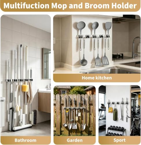 Image of Niwlix 5 Slot & 4 Hook Stainless Steel Mop and Broom Holder Wall Mount, Anti Slip Heavy Duty Waterproof Broom Hanger Stand Organizer Tool for Kitchen Home Garden Bathroom Garage