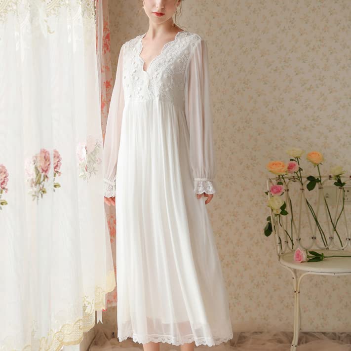 Chemise de nuit victorienne pour femme, 100 % modal à manches longues en dentelle avec broderie florale