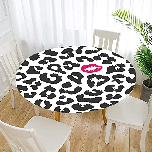 Leopard Round Fitted Tablecloth, Leopard Cheetah Animal Print Kiss Shape Lipstick Dotted Trend Art, Table Decoration Cloth, Buffet Party And Camping, Fit For 62" Table, Grey Pink #TOP1