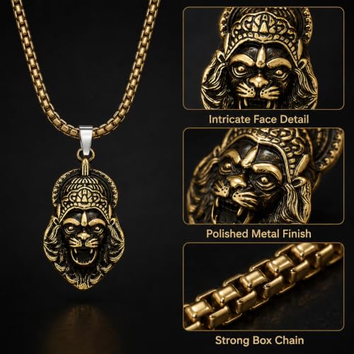 Image of M Men Style Narasimha Metal Pendant With 22 Inch Box Stainless Steel Chain | Lord Narshinha Trident Necklace | Hindu Religious Jewelry for Men & Women
