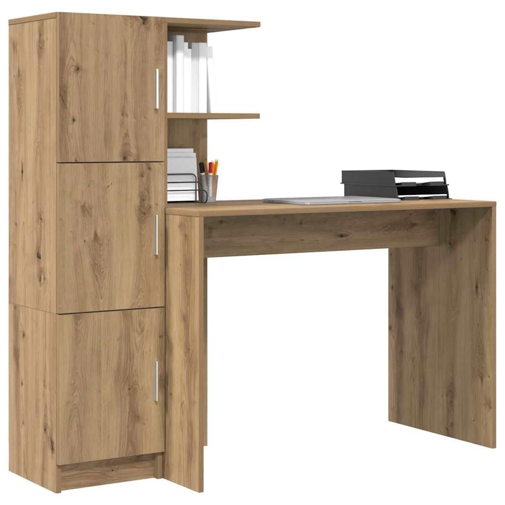 Biurko 2-częściowy zestaw Artisan-dąb, stół biurowy z szafką i półkami, miejsce do pracy komputerowej do domowego biura, trwałe i łatwe w utrzymaniu