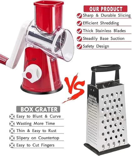 Hkm Brothers-Rotary Cheese Grater With Handle - Food Shredder With 3 Stainless Steel Drum Blades, Round Mandoline Slicer Nuts Grinder, Bpa Free Dishwasher Safe (Red) #TOP6