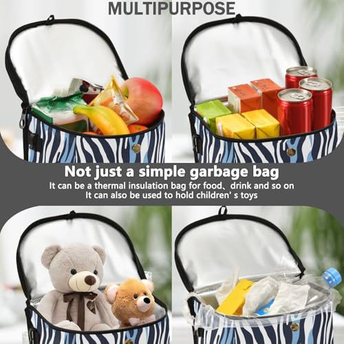 Image of Car Trash Can Blue and White Zebra Car Garbage Bag with Lid Hanging Waterproof Leak Proof Vehicle Storage Bin