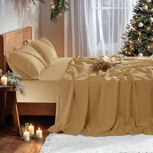 Image of 100% French Linen Sheet Set 4Pcs, 16 inch Deep Pocket Durable Bed Sheet Full