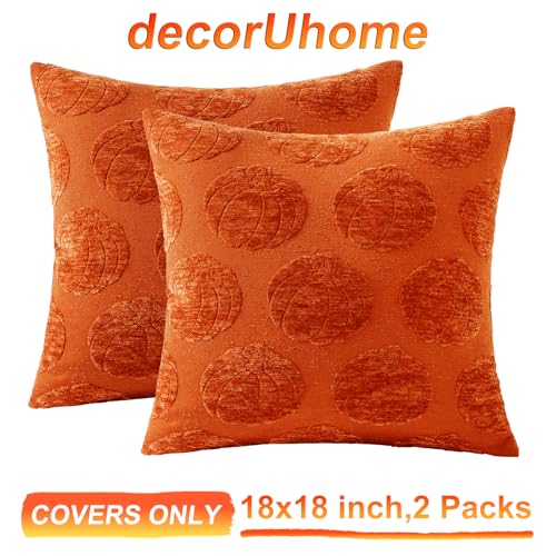 Image of decorUhome Decorative Rust Pumpkin Thanksgiving Throw Pillow Covers 18x18 Set of 2, Soft Chenille Jacquard Farmhouse Textured Pillow Covers for Couch Bed Sofa Autumn Harvest Halloween Holiday