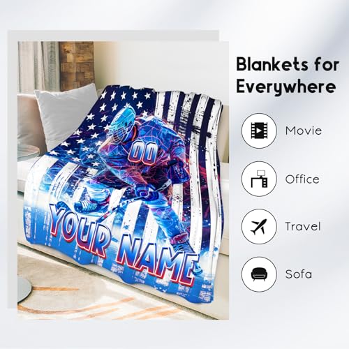 Hockey Blanket, Personalized Boys Blanket, Custom Ice Hockey Gifts for Sports Lovers, Cozy Flannel Throw for Adults, 60"x80"