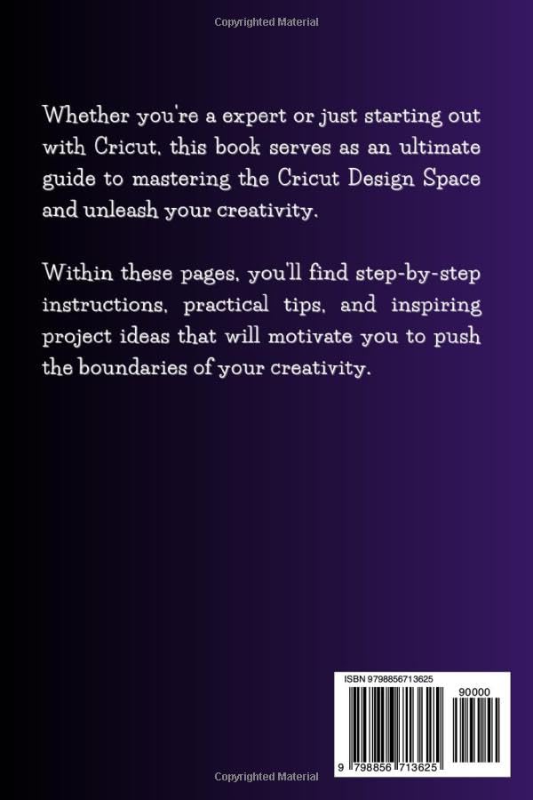 Back cover of the Cricut Design Space Handbook, showing a purple background with white text and a barcode.
