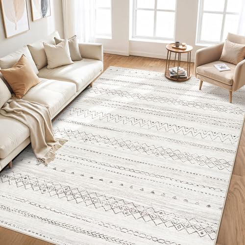 cotiled 7x9 Area Rug for Living Room, Washable Non-Slip Large Area Rug, Indoor Floor Carpet Low Pile Soft Boho Farmhouse Rug for Bedroom Dining Room (Light Grey,7'x9')