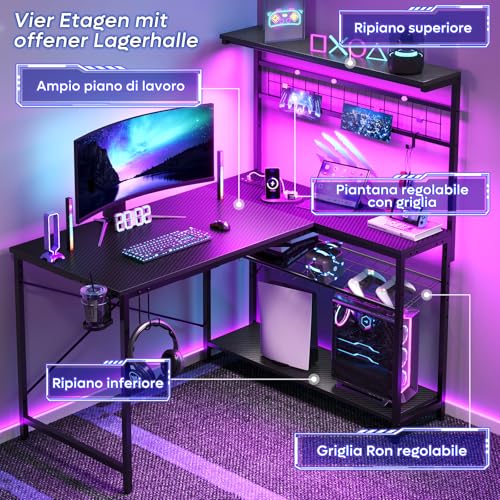 Bestier Escritorio en forma de L con enchufes, iluminación LED, superficie de fibra de carbono y amplio espacio de almacenamiento, perfecto para oficina en casa y juegos - imagen 9