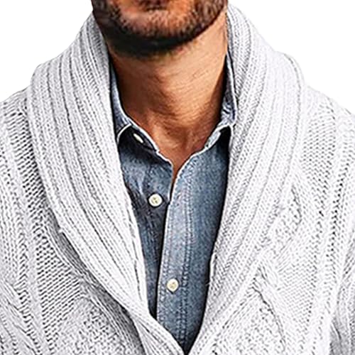 Mens Twists Knitted Sweater Cardigan Cable Knit Shawl Collar Loose Cardigans Stand Collar Cable Knit Button Sweaters (White,Large)2