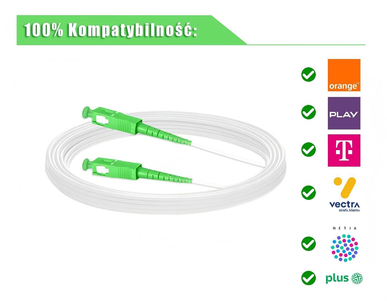 Kabel światłowodowy SC/APC-SC/APC do Orange, PLAY, Vectra, Netia, T-Mobile, Plus, Jednomodowy kabel światłowodowy Simplex, Przedłużacz światłowodowy (20M)