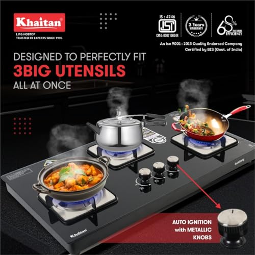 Khaitan RockStrong TITAN Automatic 3 Burner Premium HobTop | Xpress Brass Burner | Toughened Glass Cooktop | ISI Certified | 1+2 Years Extended... - Image 5