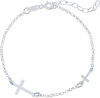 Pulsera Plata Mujer 2 Cruces para Chica Joven Plata de Ley 925, Pulsera Cruz Horizontal con Cadena Regulable en Caja de Regalo