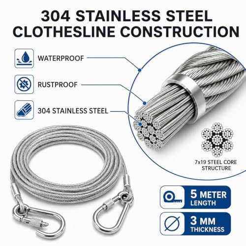 Image of 5 Metre Stainless Steel Clothesline Rope with Carabiner Hooks | Heavy-Duty Rust-Resistant Cloth Drying Wire | Strong Hanging Dori for Balcony, Bathroom, Terrace, Indoor & Outdoor Use