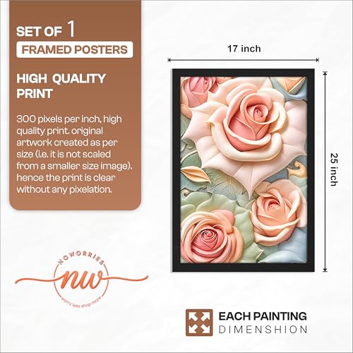 Image of NoWorries 3D Rose Floral Wall Painting with Frame Set of 1 | Premium Textured Pastel Flower Artwork, Luxury Botanical Nature Wall Decor for Living Room, Bedroom, Office and Home Decoration (3d Art-12,17x25inch)