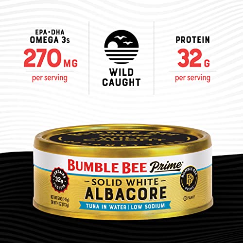 Image of Bumble Bee Prime Low Sodium Solid White Albacore Tuna in Water, 5 oz Easy Open Cans (Pack of 12) - Premium Wild Caught Tuna - 32g Protein per Serving - Non-GMO Project Verified, Gluten Free, Kosher