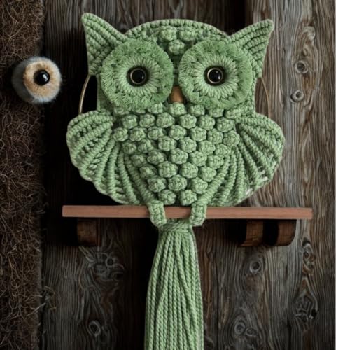 Image of tms Bohemian Owl Macrame Wall Hanging - 12 x 23 Inch - Handcrafted Boho Home Decor with Natural Elements - Boho Chic Accent for Home, Office, or Living Room (Green)